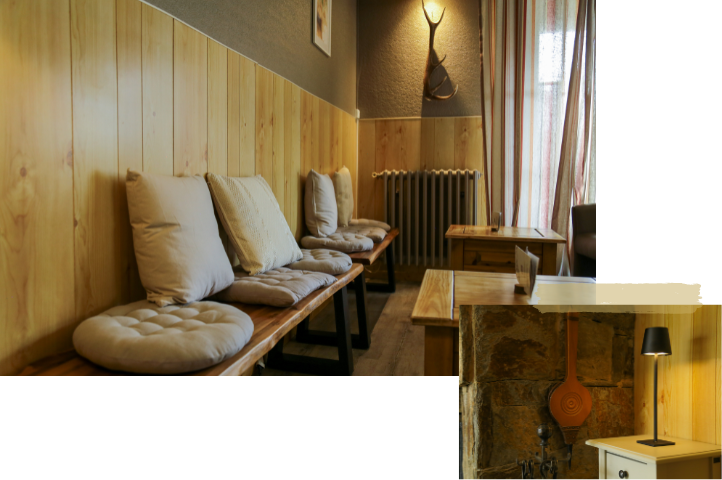 Banc bois salon hotel ambiance cosy montagne