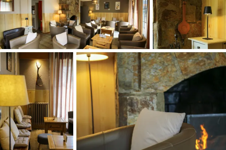 Salon cosy ambiance montagne cheminée en pierre